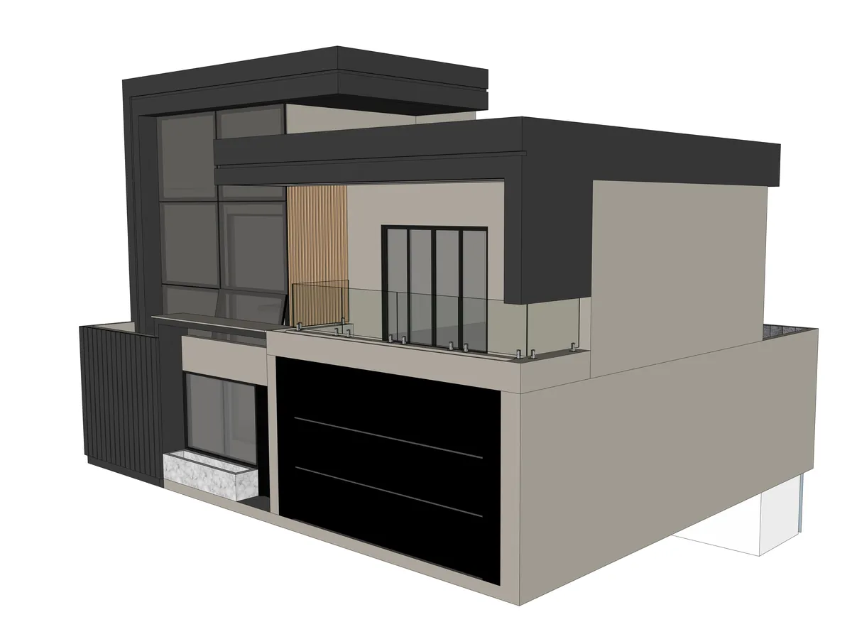 Maquete digital 3D de sobrado contemporâneo com fachada em pele de vidro e painel ripado