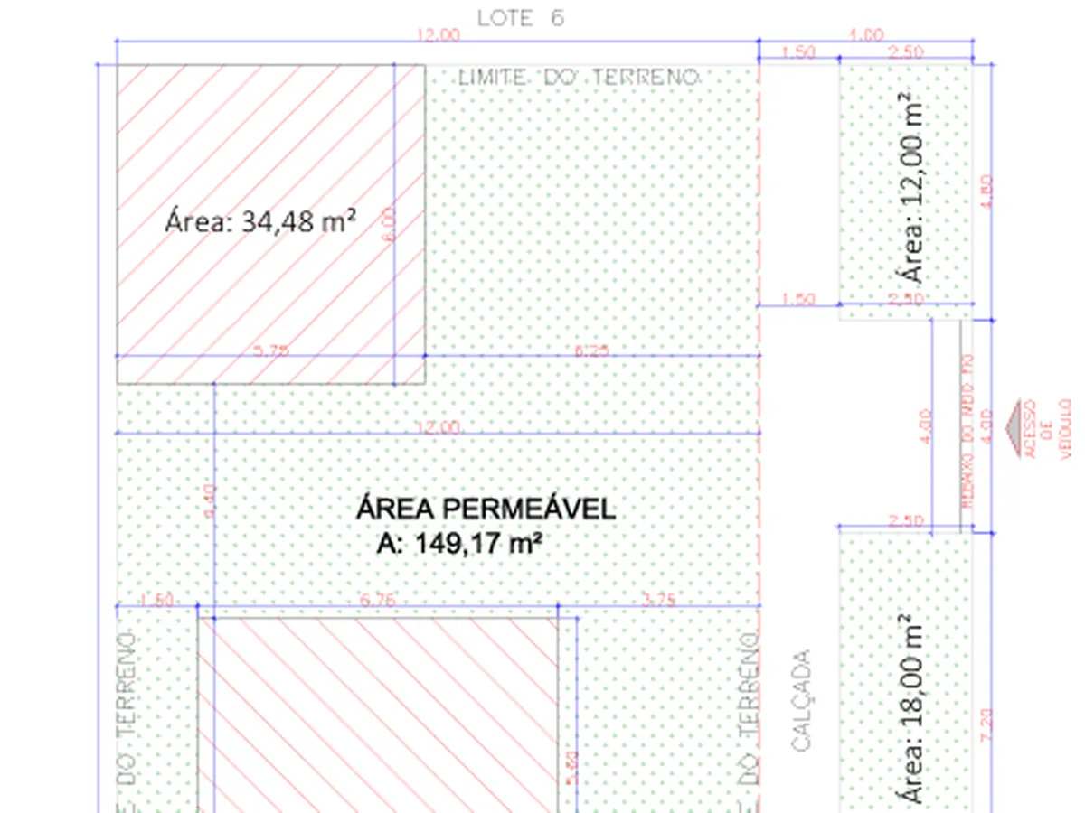 Levantamento do terreno com limites do lote, cotas, área permeável e calçada