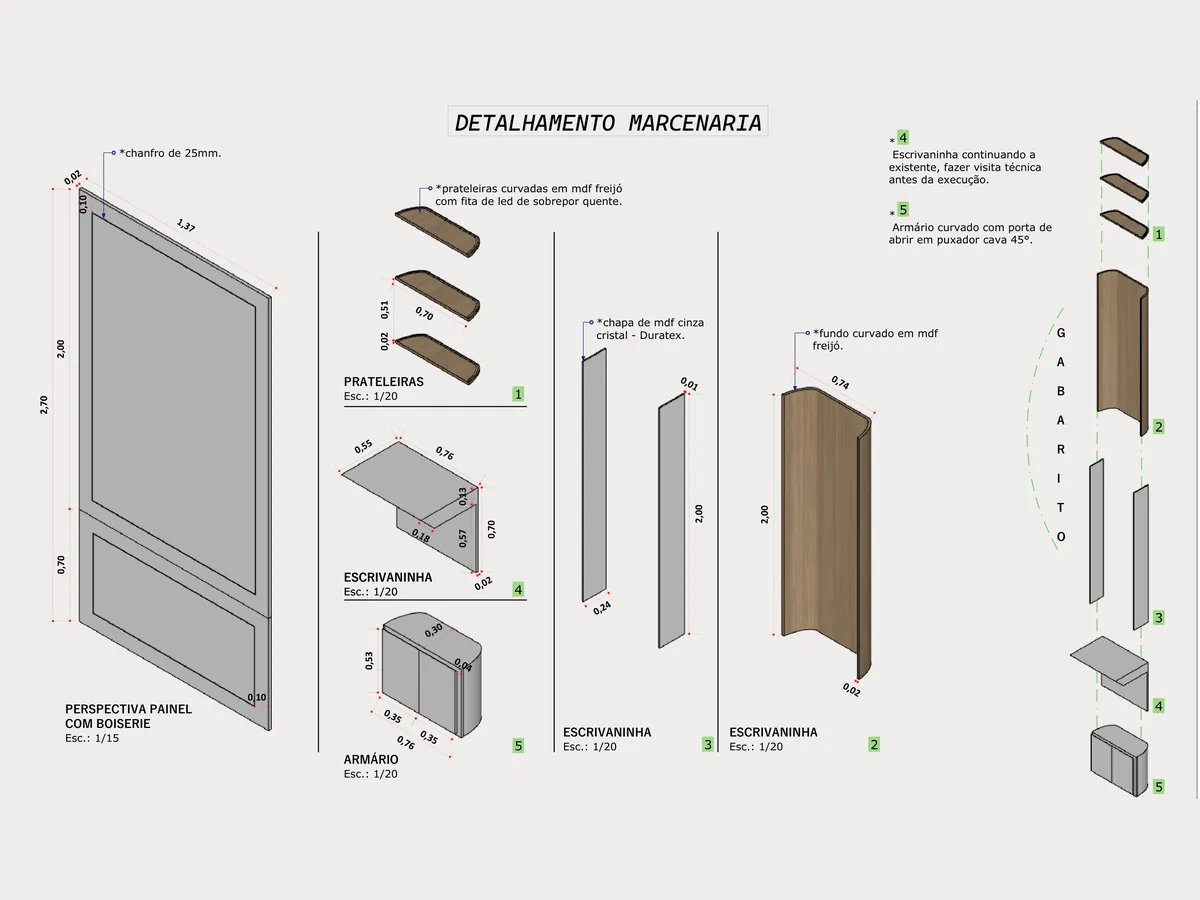 Prancha de detalhamento de marcenaria com painel em boiserie, prateleiras curvas, escrivaninha e armário cotados