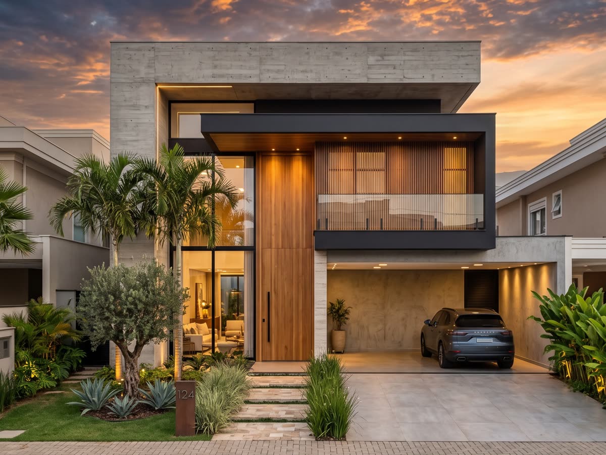 Render 3D de fachada de residência de alto padrão ao entardecer