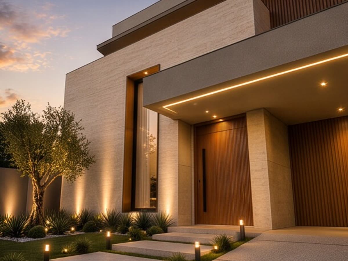 Fachada residencial com iluminação cênica e paisagismo