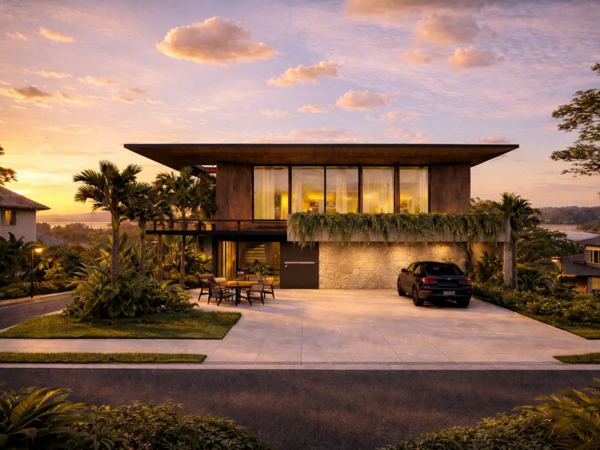 Render de residência moderna com fachada em pedra e madeira