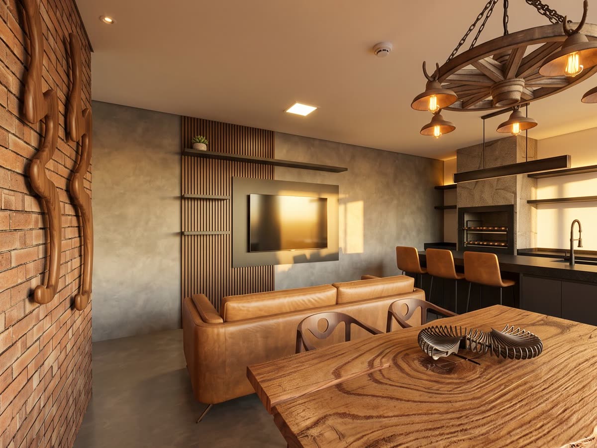 Render interno de área gourmet com parede de tijolinho e churrasqueira