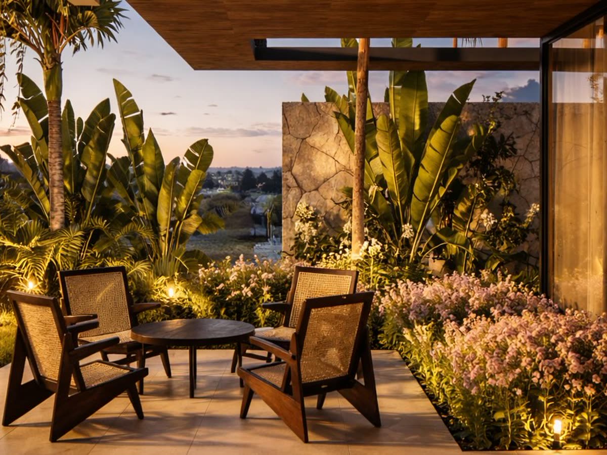 Varanda externa com paisagismo e iluminação ao entardecer
