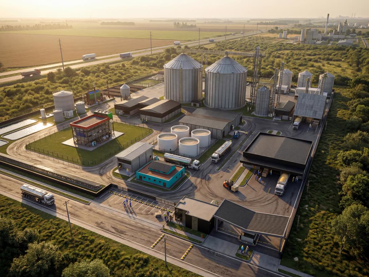 Vista aérea de complexo industrial com silos e armazéns